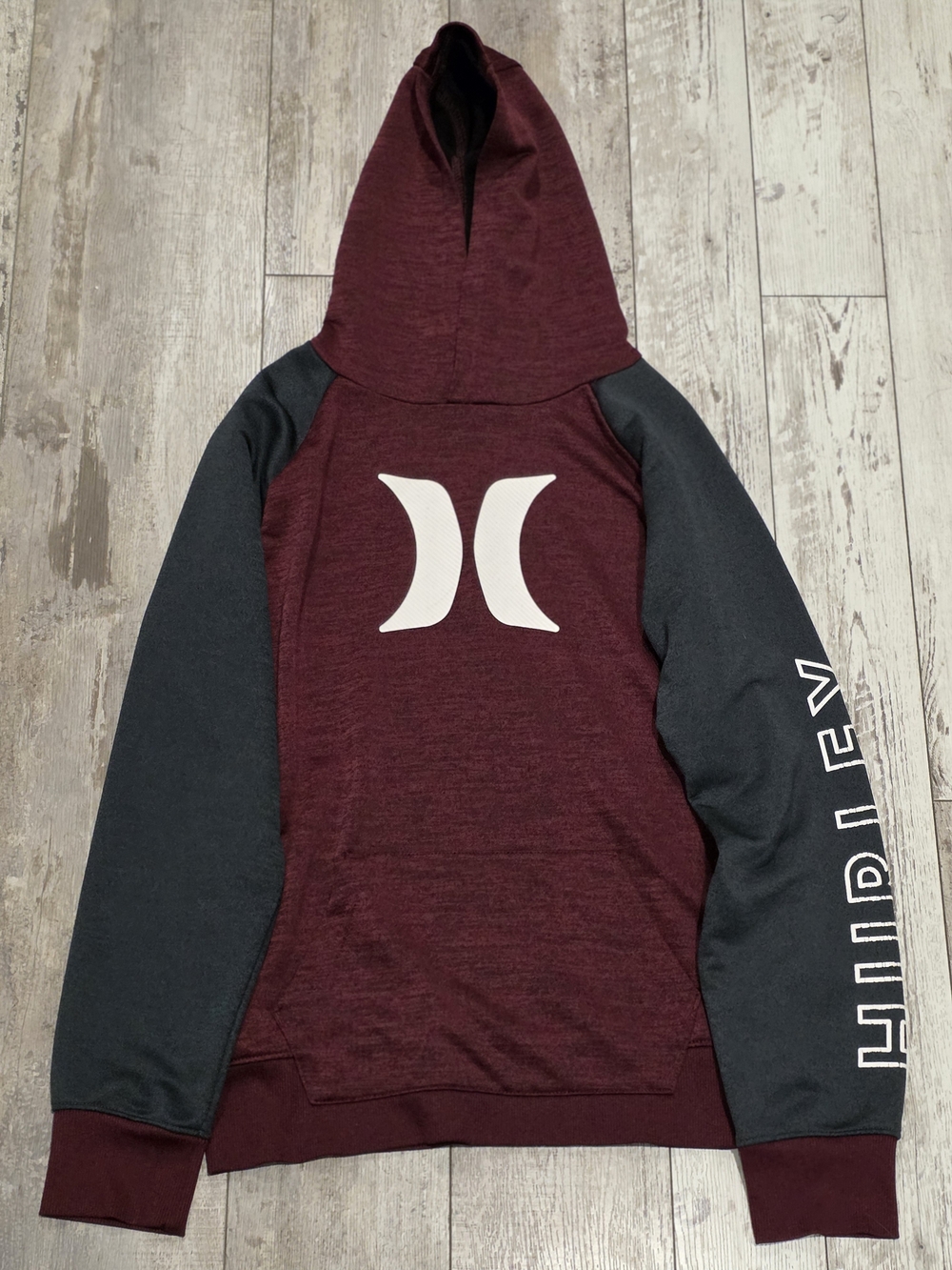 (L) Boys Hurley Two Tone Hoodie Pullover Burgundy & Gray Size Large